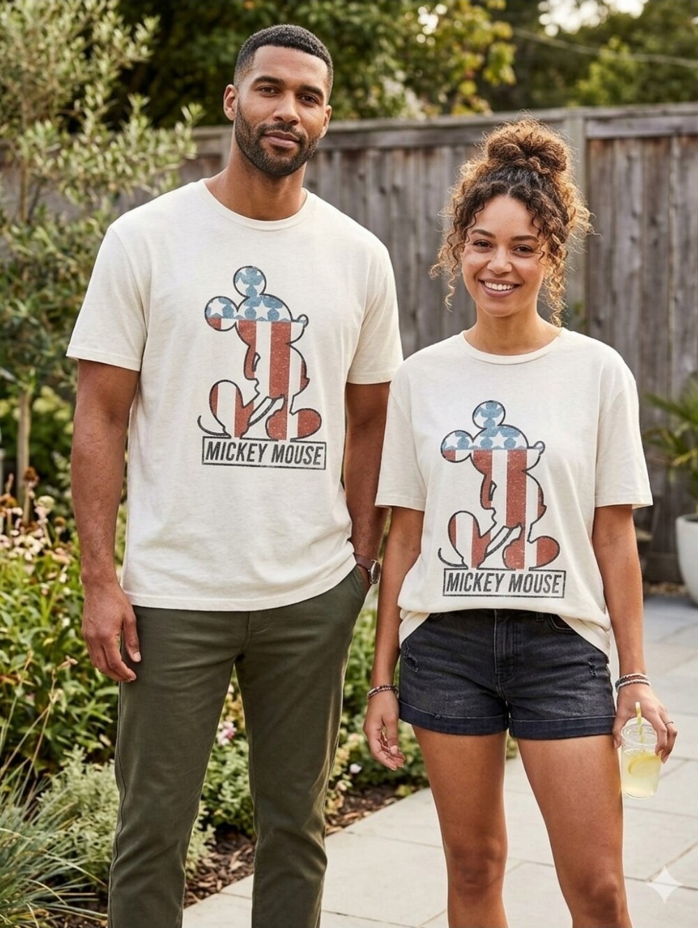 Disney White Women And Men'sTee with Stars & Stripes Mickey Graphic